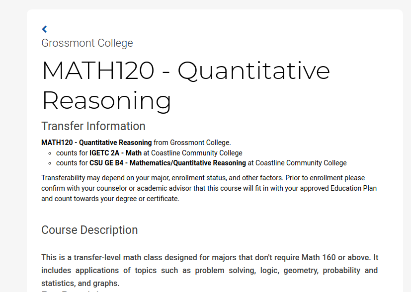 Grossmont College
MATH 120 - Quantitative Reasoning
(A screenshot of math course information as taken from the Finish Faster website.)